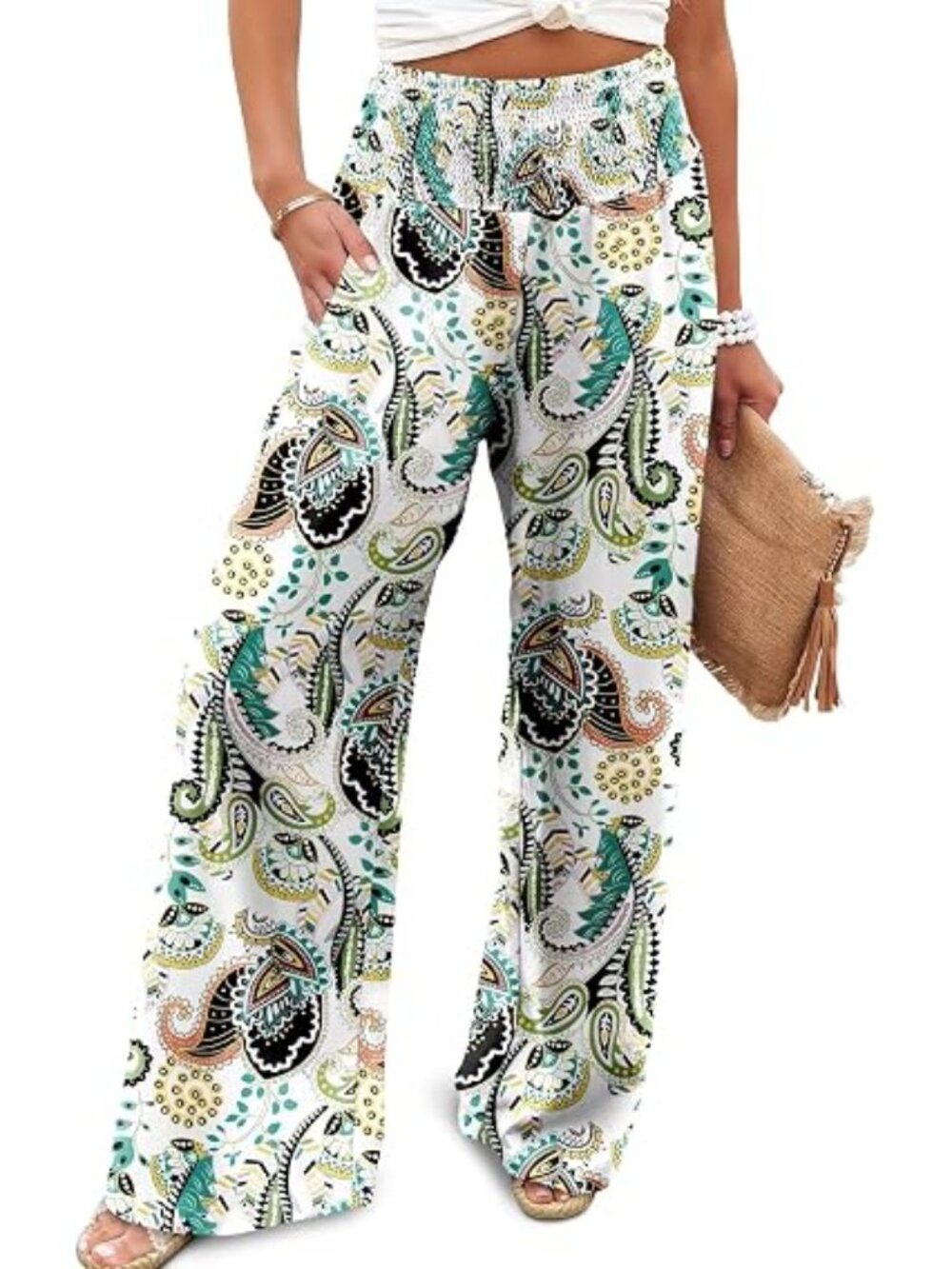 "Light Green Floral" NEW Stretchy Wide Leg Lounge Palazzo Pants w/Pockets Sz.3XL